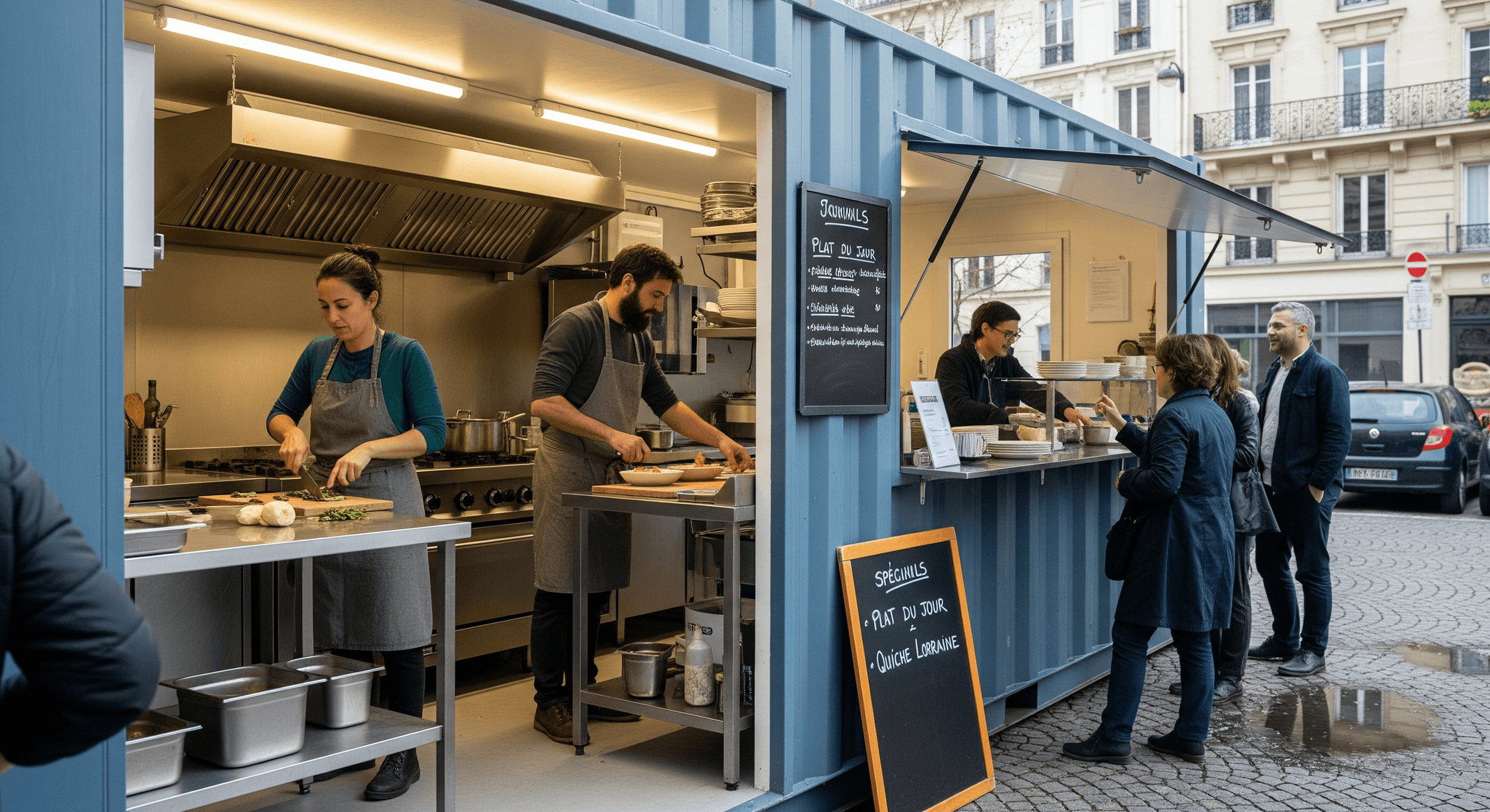 Container aménagé bleu MCR, cuisine professionnelle inox avec chefs préparant des plats. Clients commandent au comptoir, idéal pour restauration ambulante.