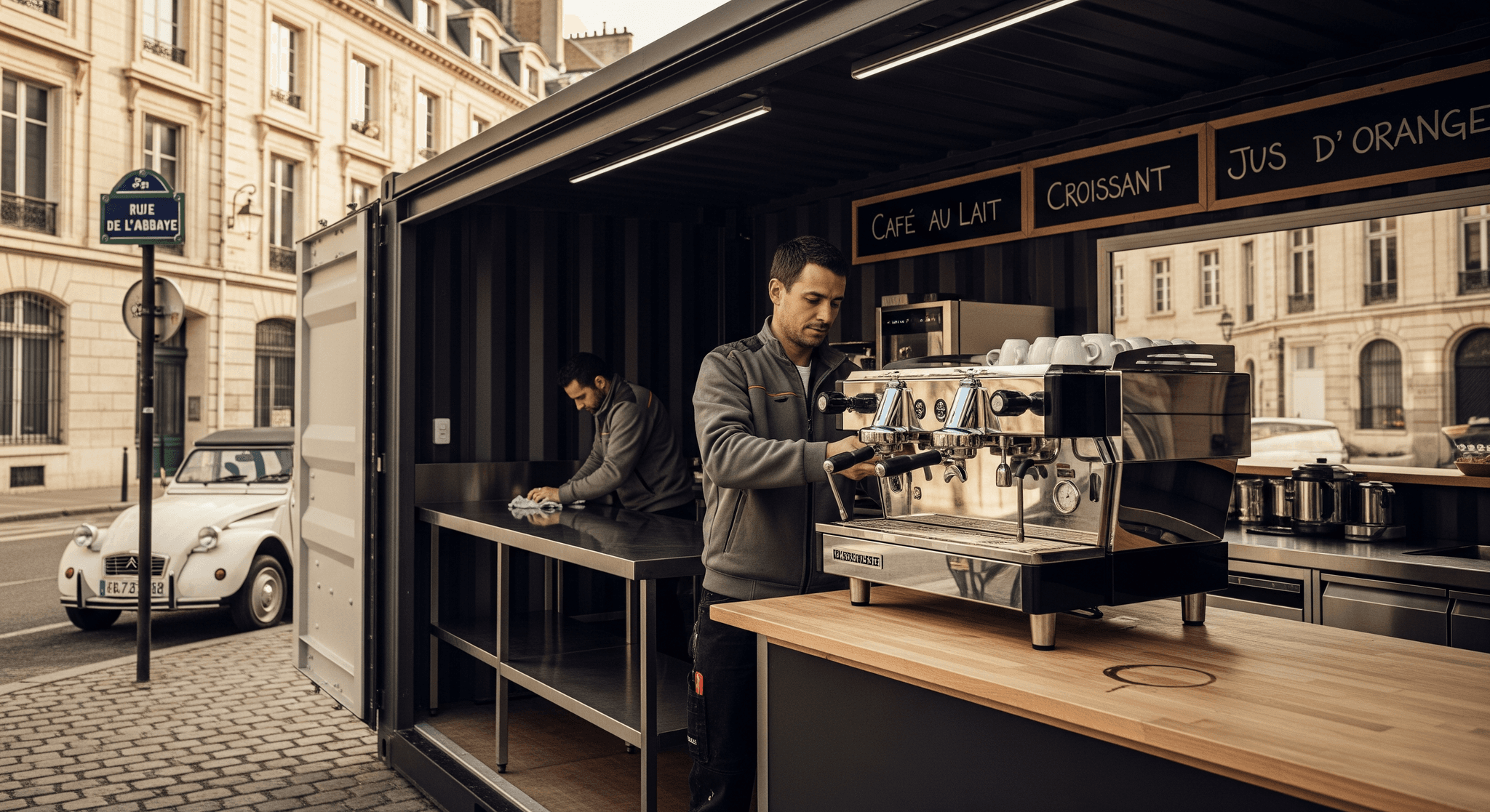 Container aménagé en point de restauration mobile. Barista prépare café sur machine expresso pro, employé nettoie.