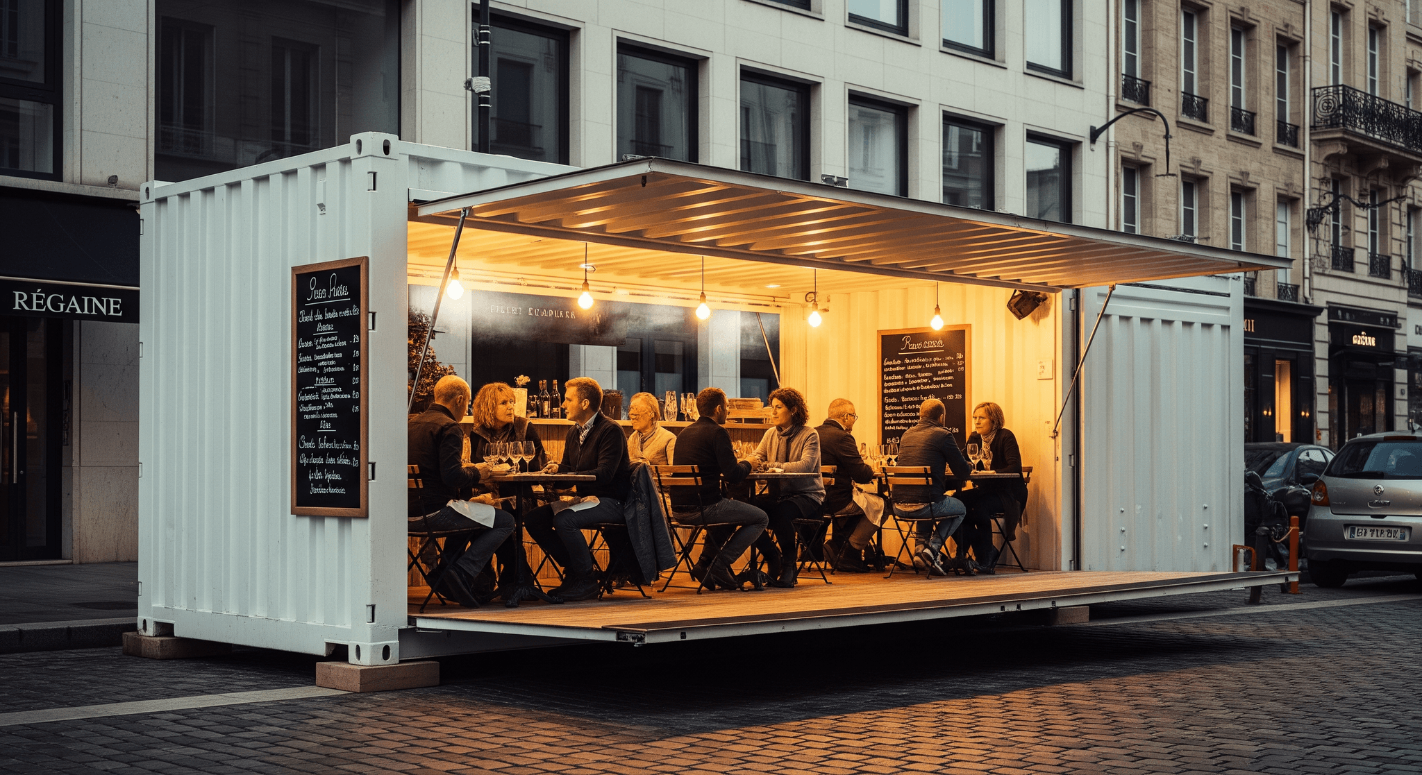 Container aménagé blanc MCR avec terrasse rabattable, transformé en restaurant urbain convivial. Clients attablés.