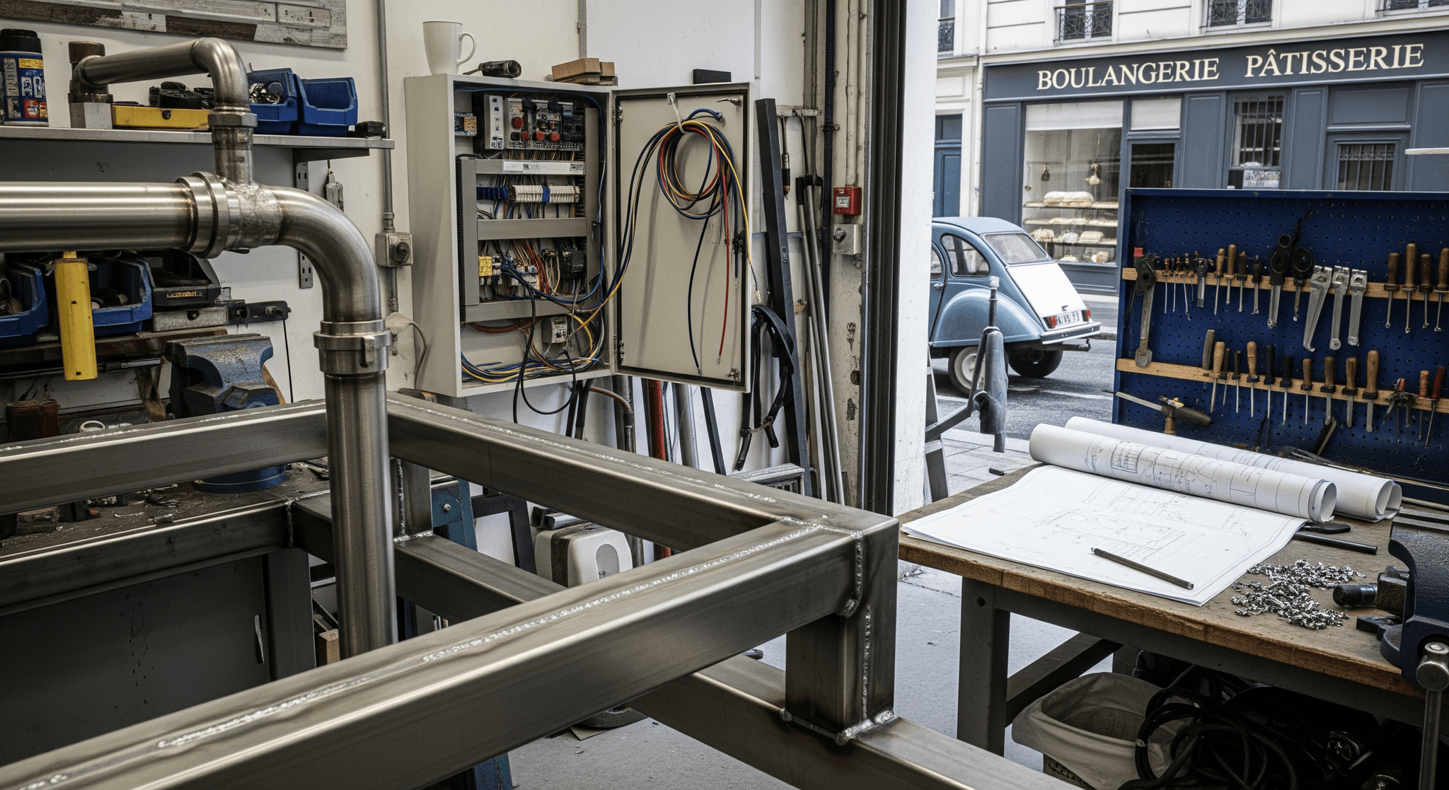Atelier Mon Camion Resto : châssis métallique soudé en fabrication, tableau électrique, plans techniques de concept mobile.