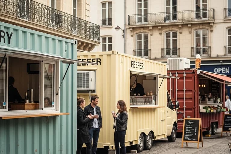 Containers aménagés en food trucks : Dry vert, Reefer jaune et Open Top rouge installés sur une place urbaine