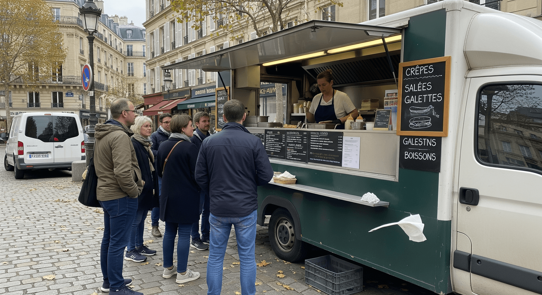 Food truck vert et blanc aménagé pour la crêperie, avec cuisinière en action et file de clients en milieu urbain.