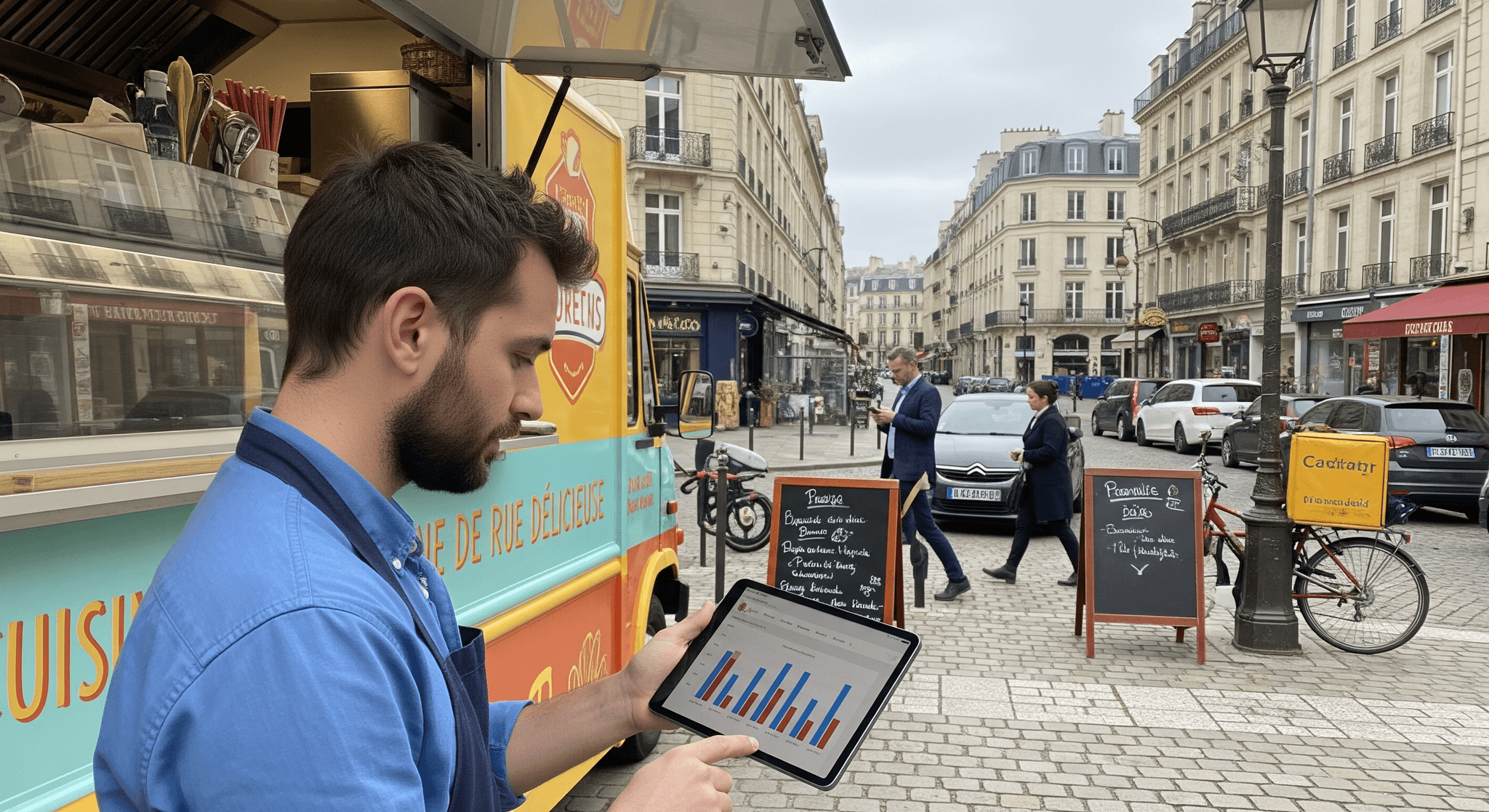 Opérateur de food truck analysant des données CRM sur tablette devant son véhicule jaune et bleu, dans une rue parisienne.