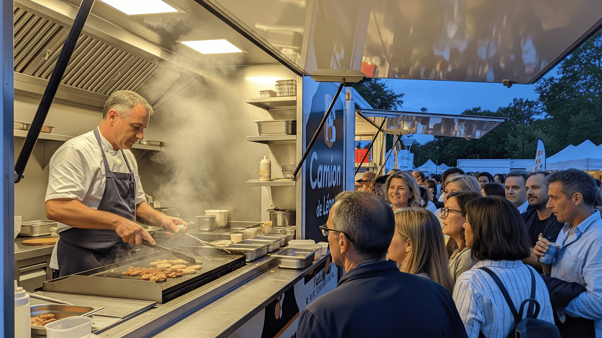 Cuisinier prépare des grillades sur plancha dans un food truck MCR, clients patientant à l'extérieur.