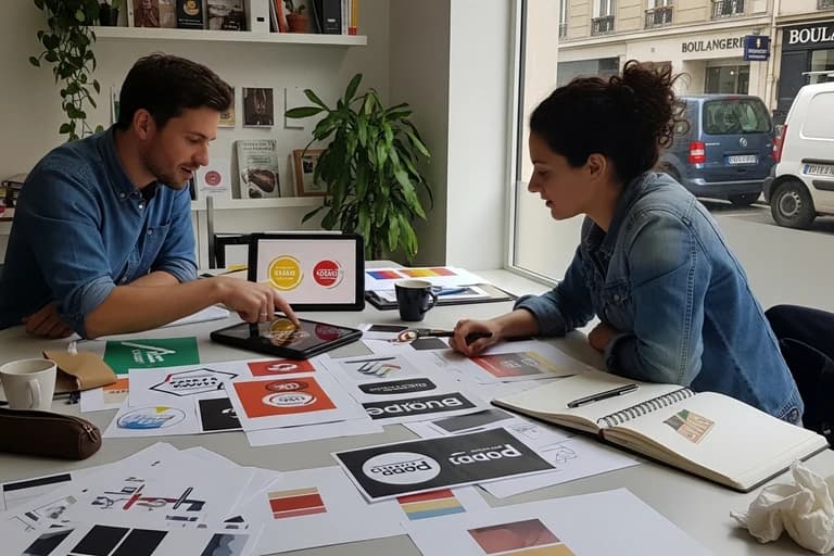 Deux designers travaillant sur l'identité visuelle d'un food truck avec logos et éléments graphiques colorés