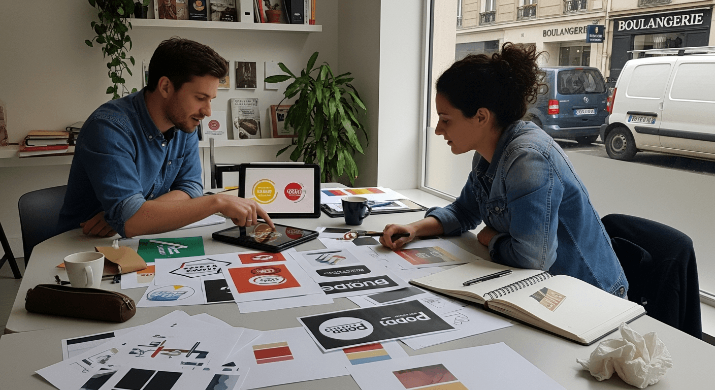Deux designers travaillant sur l'identité visuelle d'un food truck avec logos et éléments graphiques colorés