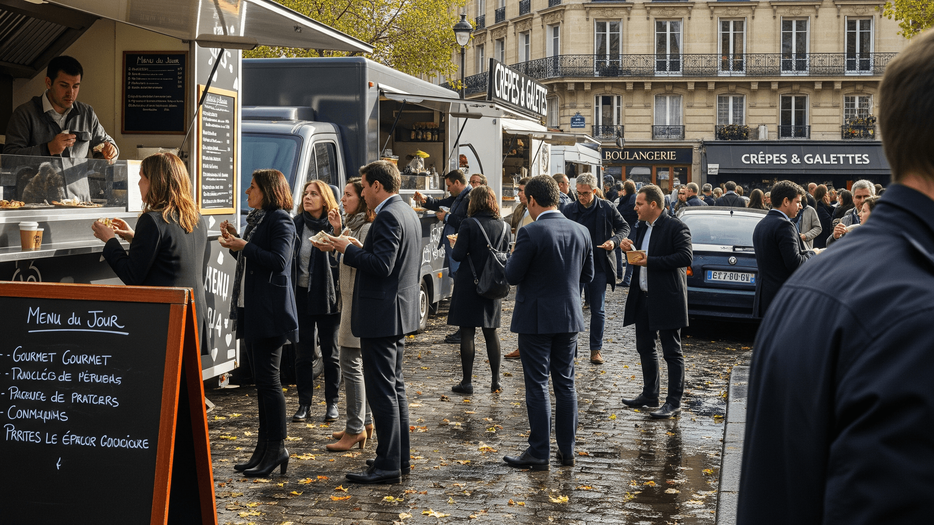 Deux food trucks, un gris et un blanc, servent une clientèle dense en milieu urbain. Scène de restauration ambulante dynamique.