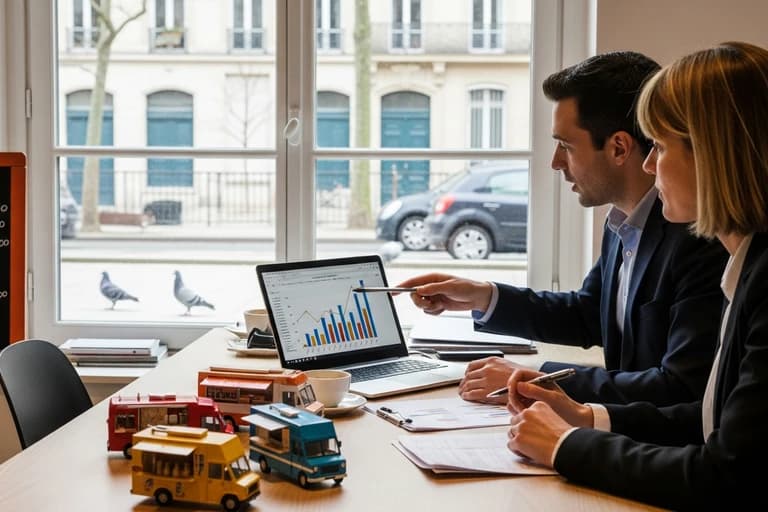 Deux professionnels analysent des graphiques de marché sur ordinateur portable avec food trucks miniatures