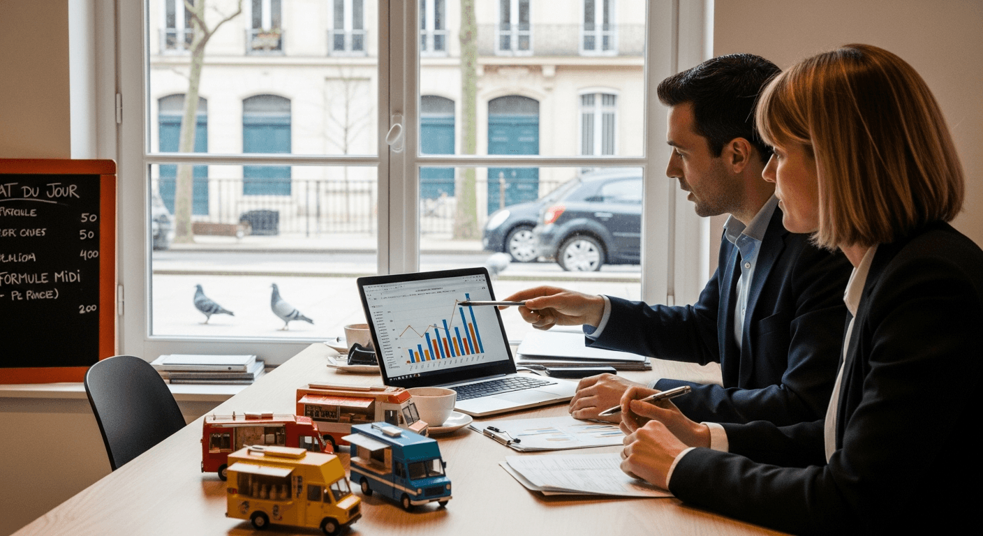 Deux professionnels analysent des graphiques de marché sur ordinateur portable avec food trucks miniatures