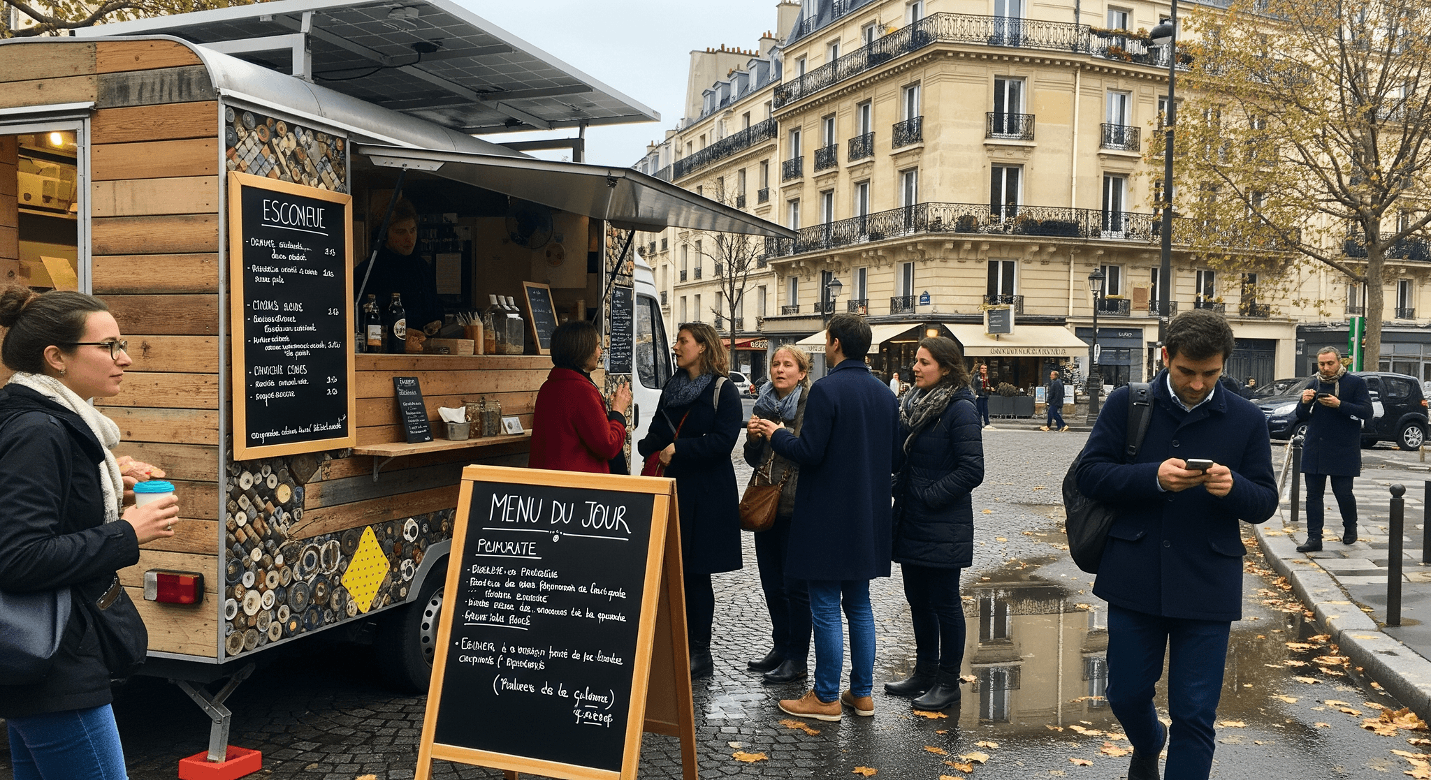 Food truck design écologique en bois et matériaux recyclés, équipé de panneaux solaires, servant des clients en ville.