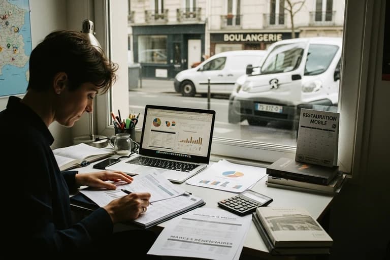 Entrepreneur analysant données financières sur ordinateur portable avec graphiques et calculatrice sur bureau