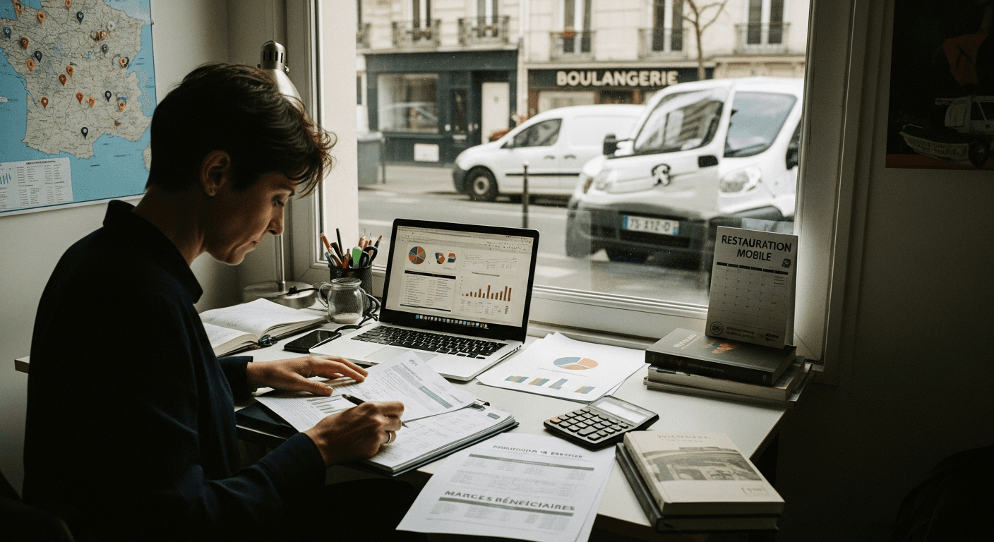 Entrepreneur analysant données financières sur ordinateur portable avec graphiques et calculatrice sur bureau