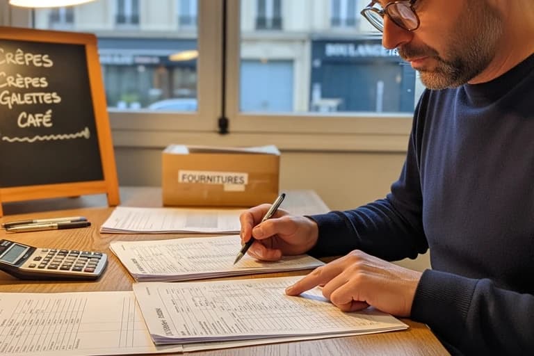 Entrepreneur calculant ses impôts et TVA avec documents fiscaux et calculatrice sur bureau