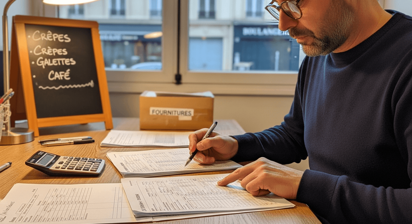 Entrepreneur calculant ses impôts et TVA avec documents fiscaux et calculatrice sur bureau