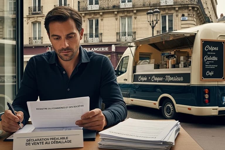 Entrepreneur consultant des documents administratifs pour créer son food truck, registre du commerce visible