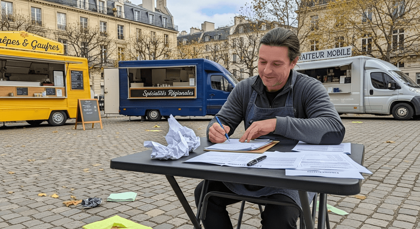 Entrepreneur écrivant ses plans d'affaires devant des food trucks colorés sur une place pavée