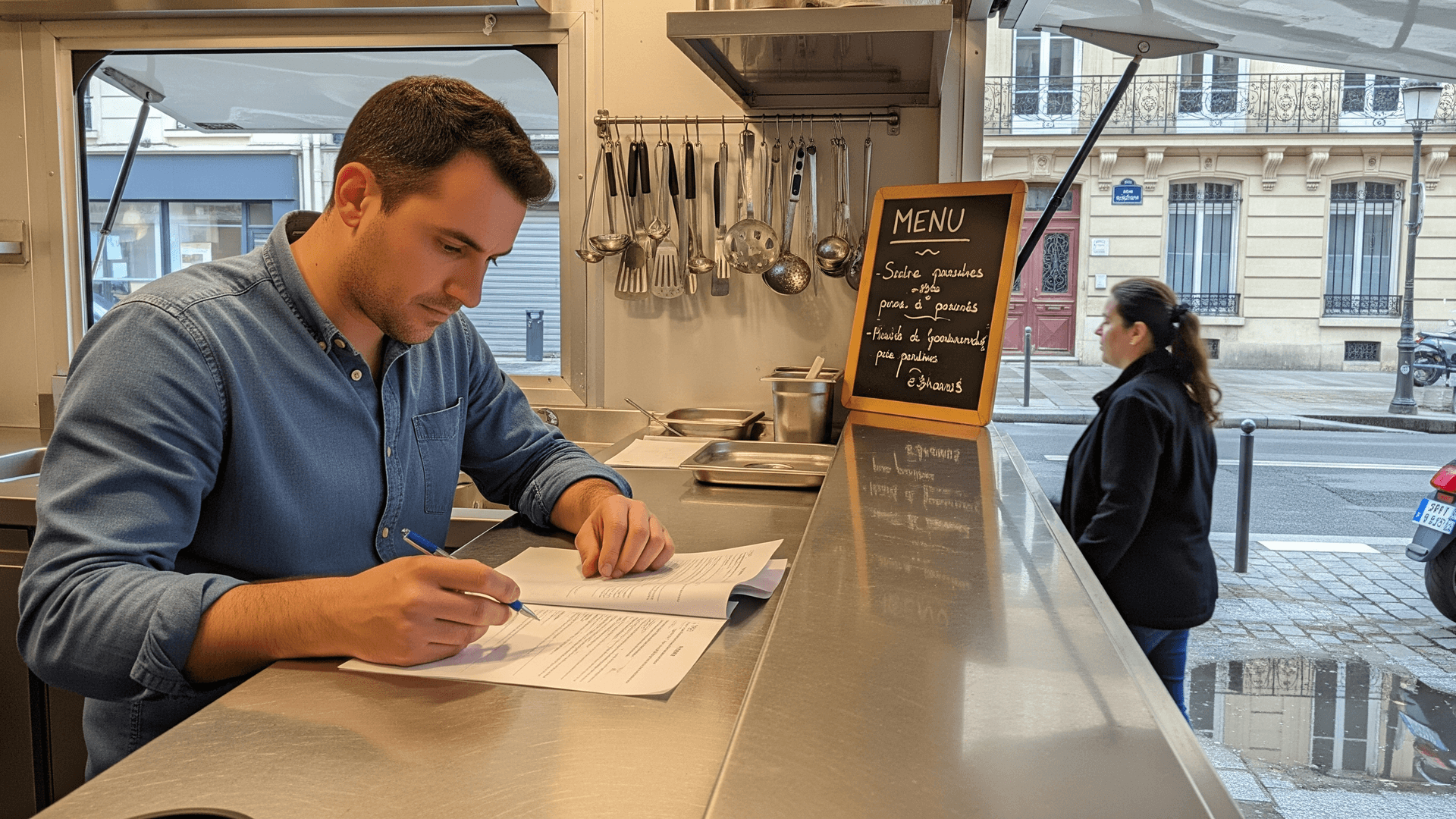 Entrepreneur en pleine gestion administrative à l'intérieur d'un food truck aménagé, avec cuisine inox et menu visible.