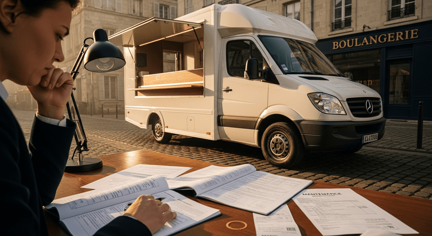 Entrepreneur étudiant des documents de planification devant un food truck Mercedes blanc avec auvent ouvert