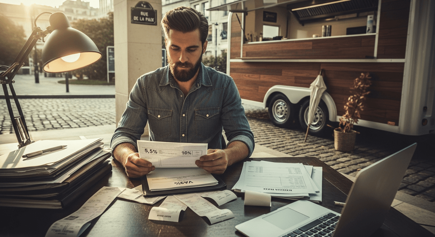 Entrepreneur examinant documents de TVA pour food truck avec taux 5,5% et 10% visibles