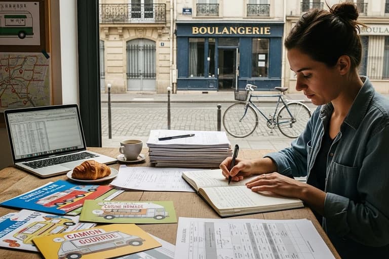 Entrepreneur préparant son projet food truck, étudiant brochures et documents administratifs dans un café parisien