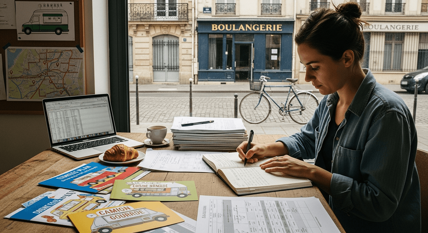 Entrepreneur préparant son projet food truck, étudiant brochures et documents administratifs dans un café parisien