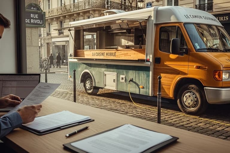 Entrepreneur travaillant sur documents administratifs devant food truck orange garé dans rue parisienne