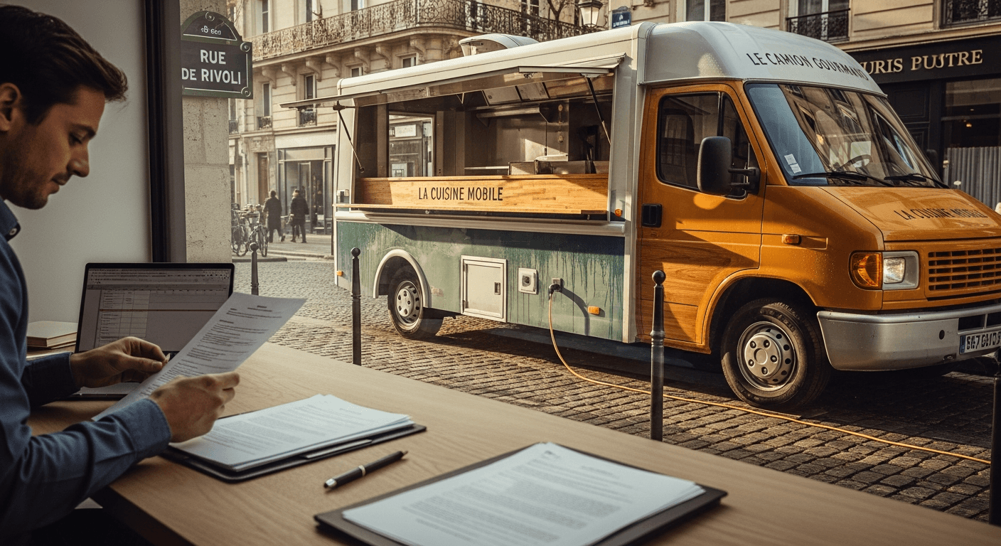 Entrepreneur travaillant sur documents administratifs devant food truck orange garé dans rue parisienne