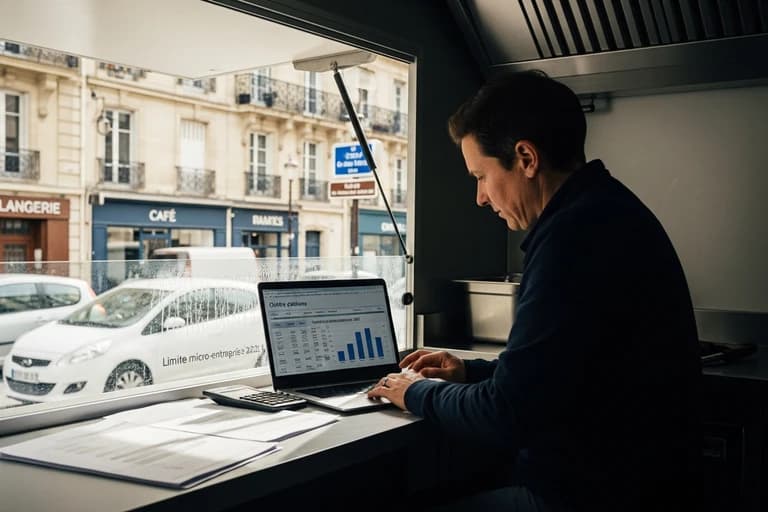 Entrepreneur travaillant sur ordinateur portable avec graphiques financiers, food truck visible par la fenêtre