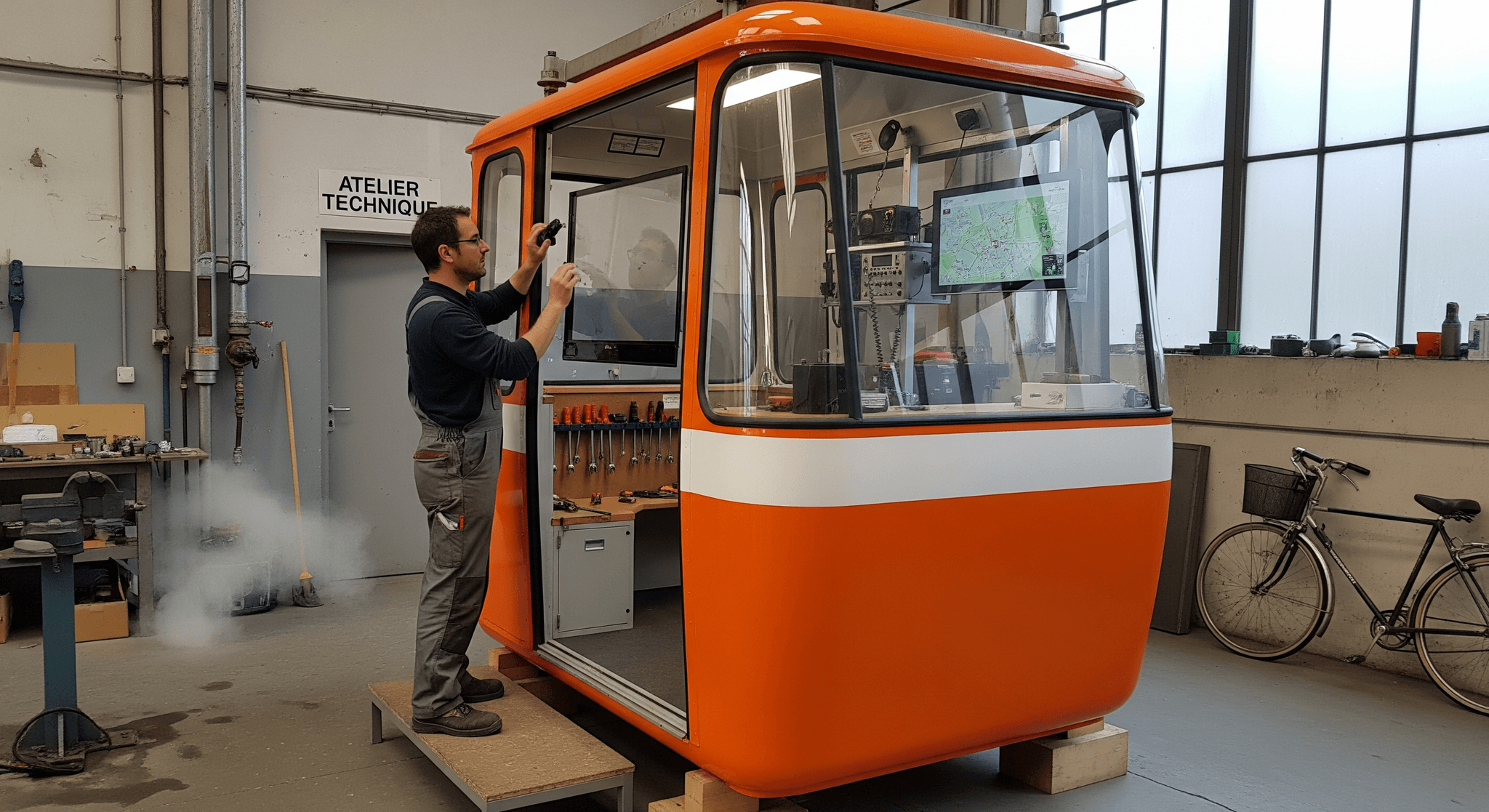 Télécabine orange et blanche reconvertie en concept mobile, en maintenance par un technicien dans un atelier MCR.