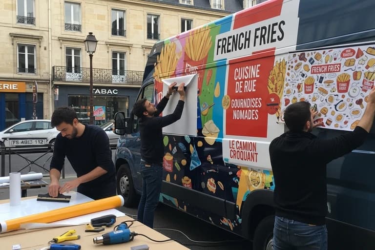 Équipe de trois professionnels appliquant un covering publicitaire sur food truck French Fries en centre-ville