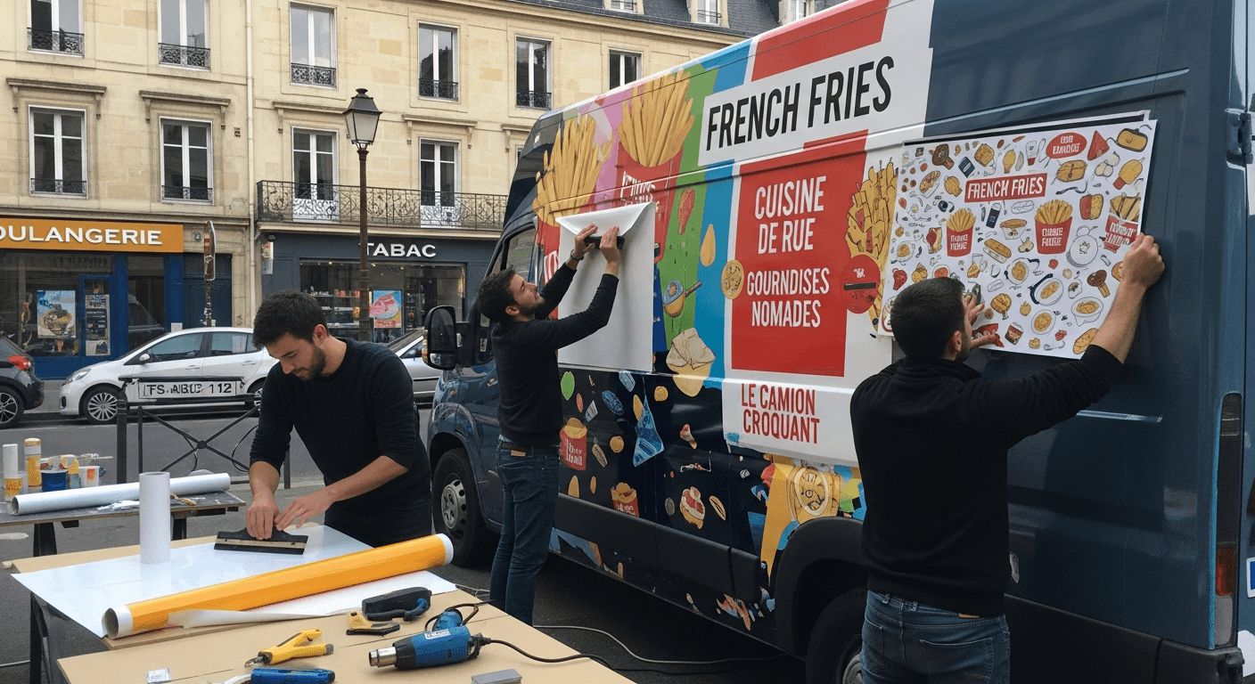 Équipe de trois professionnels appliquant un covering publicitaire sur food truck French Fries en centre-ville