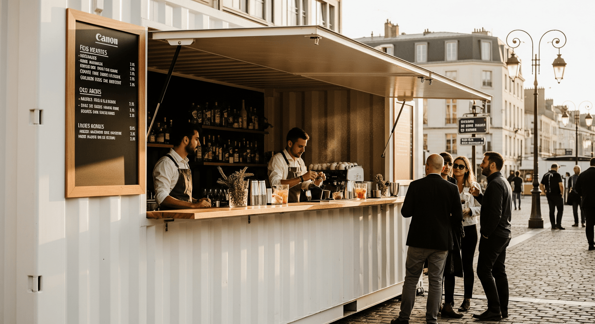 Container maritime aménagé en bar mobile MCR pour événementiel. Deux barmans servent cocktails et cafés sur un comptoir bois en ville.