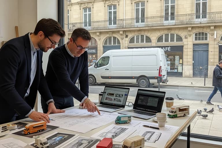 Experts MCR examinant plans techniques, maquettes et rendus 3D pour un concept de food truck personnalisé.