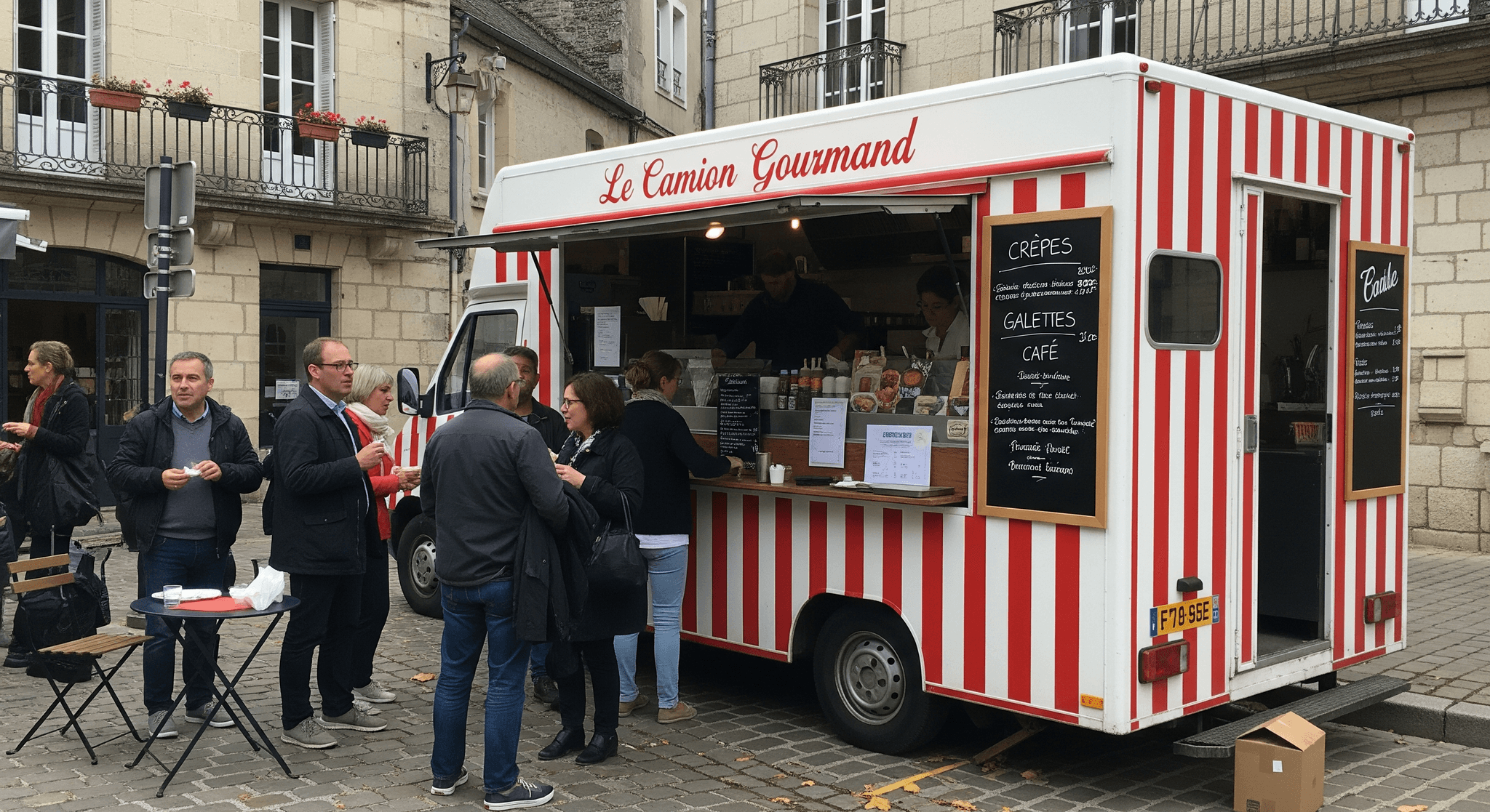 Food truck "Le Camion Gourmand" rouge et blanc à rayures, servant crêpes et cafés à des clients en centre-ville.
