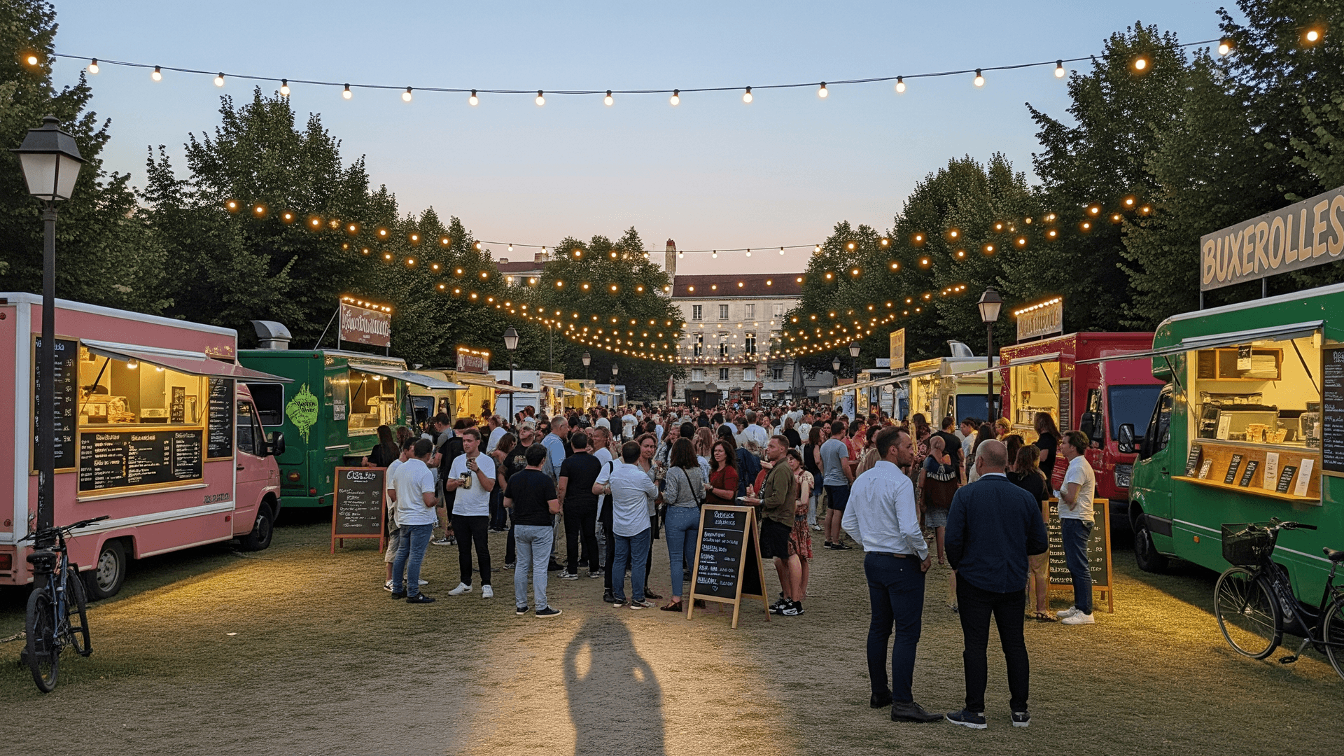 Festival de food trucks à Buxerolles, France. Nombreux concepts mobiles de restauration ambulante animés au crépuscule.