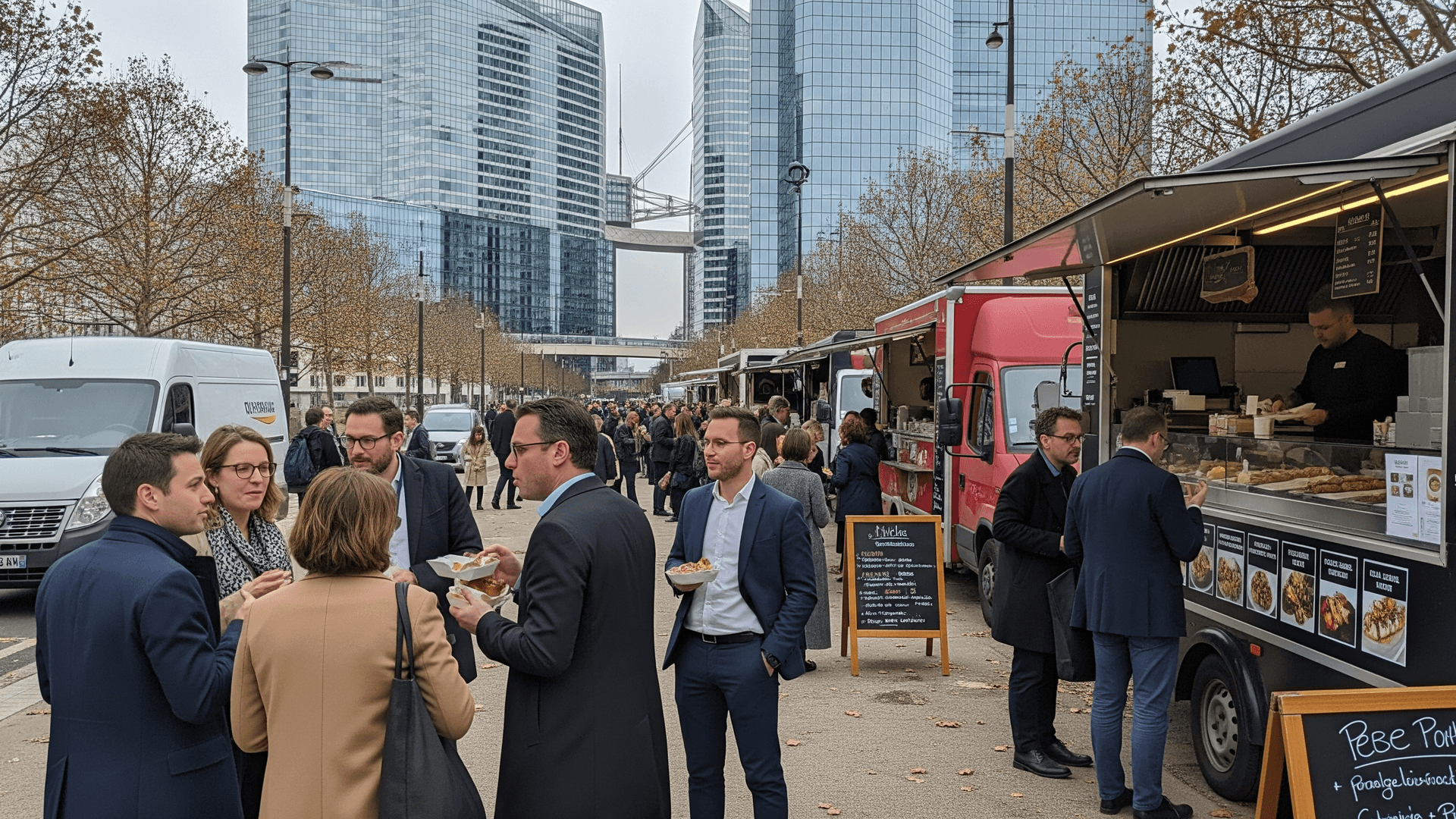 Flotte de food trucks et concepts mobiles de restauration accueillant des professionnels à La Défense.