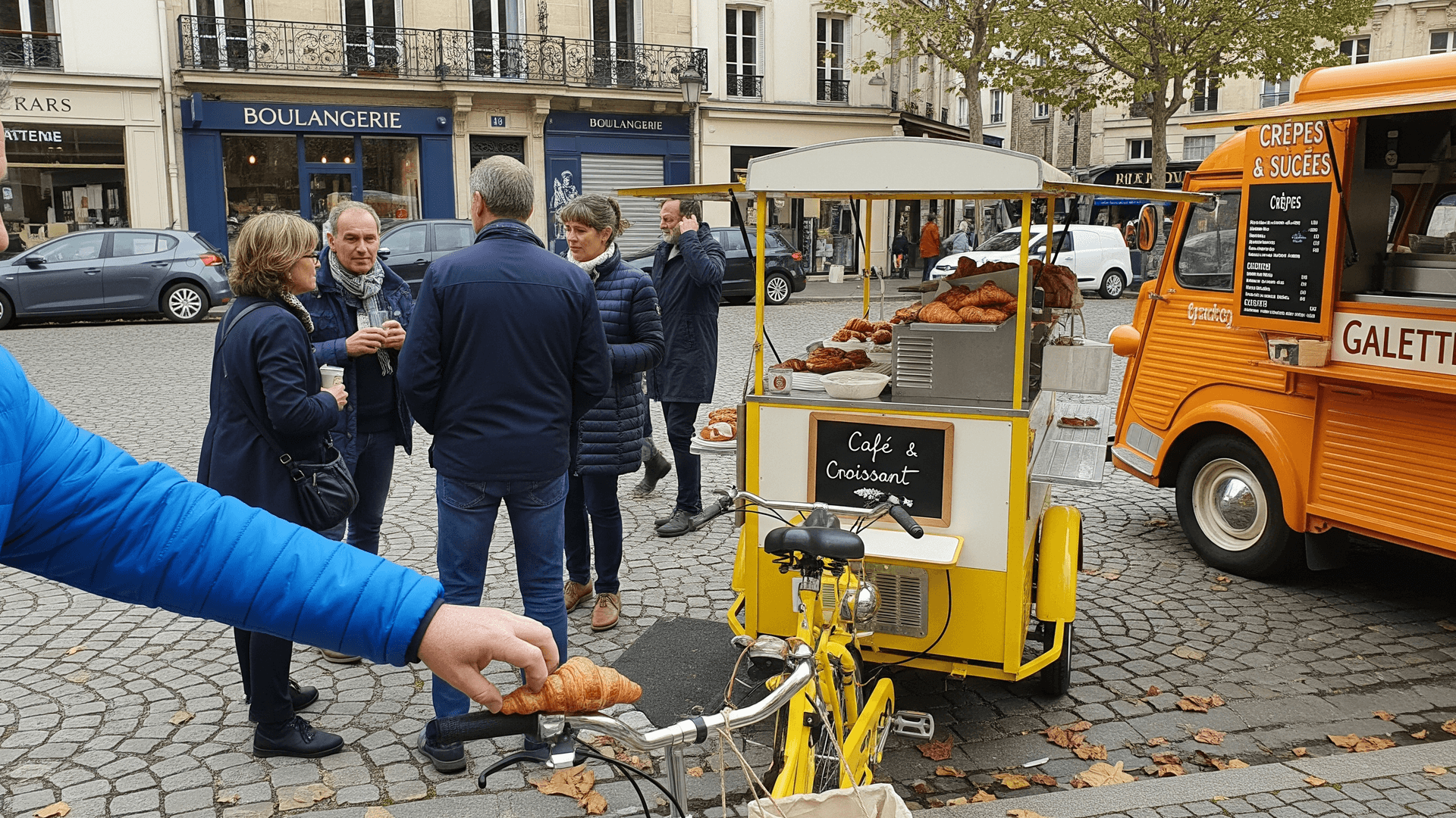 Food bike tricycle jaune avec croissants et cafés, à côté d'un food truck orange vintage offrant crêpes et galettes.