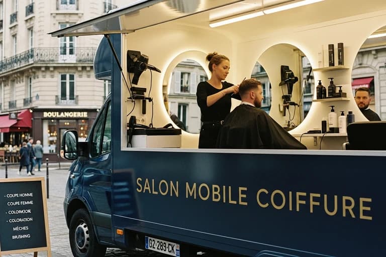 Food truck aménagé en salon de coiffure mobile avec coiffeuse en activité sur une place parisienne