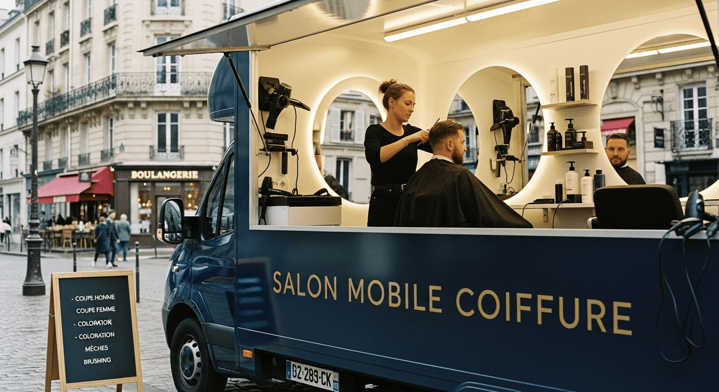 Food truck aménagé en salon de coiffure mobile avec coiffeuse en activité sur une place parisienne