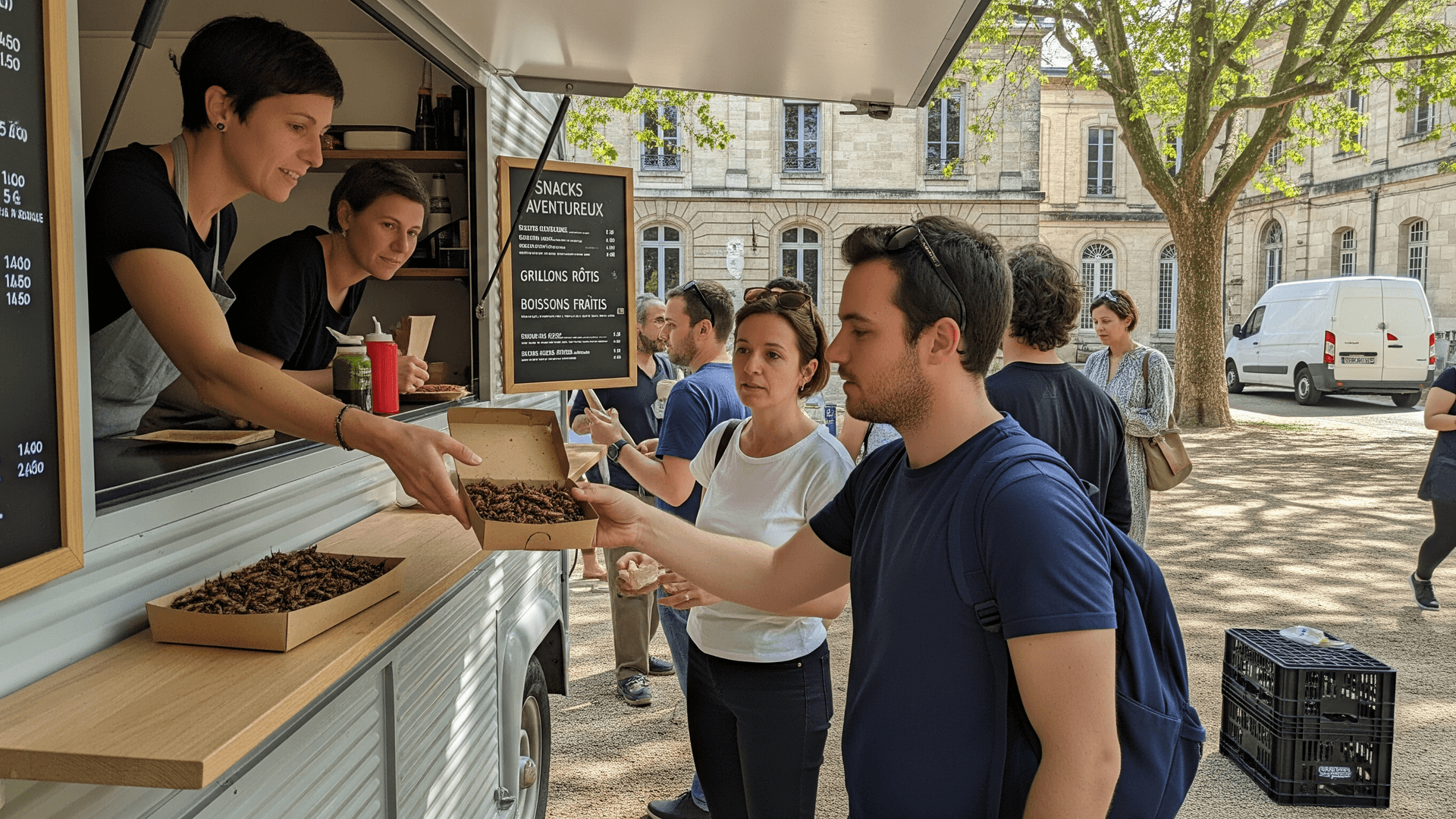 Food truck aménagé MCR servant des grillons rôtis dans une barquette au comptoir, lors d'un événement culinaire en extérieur.
