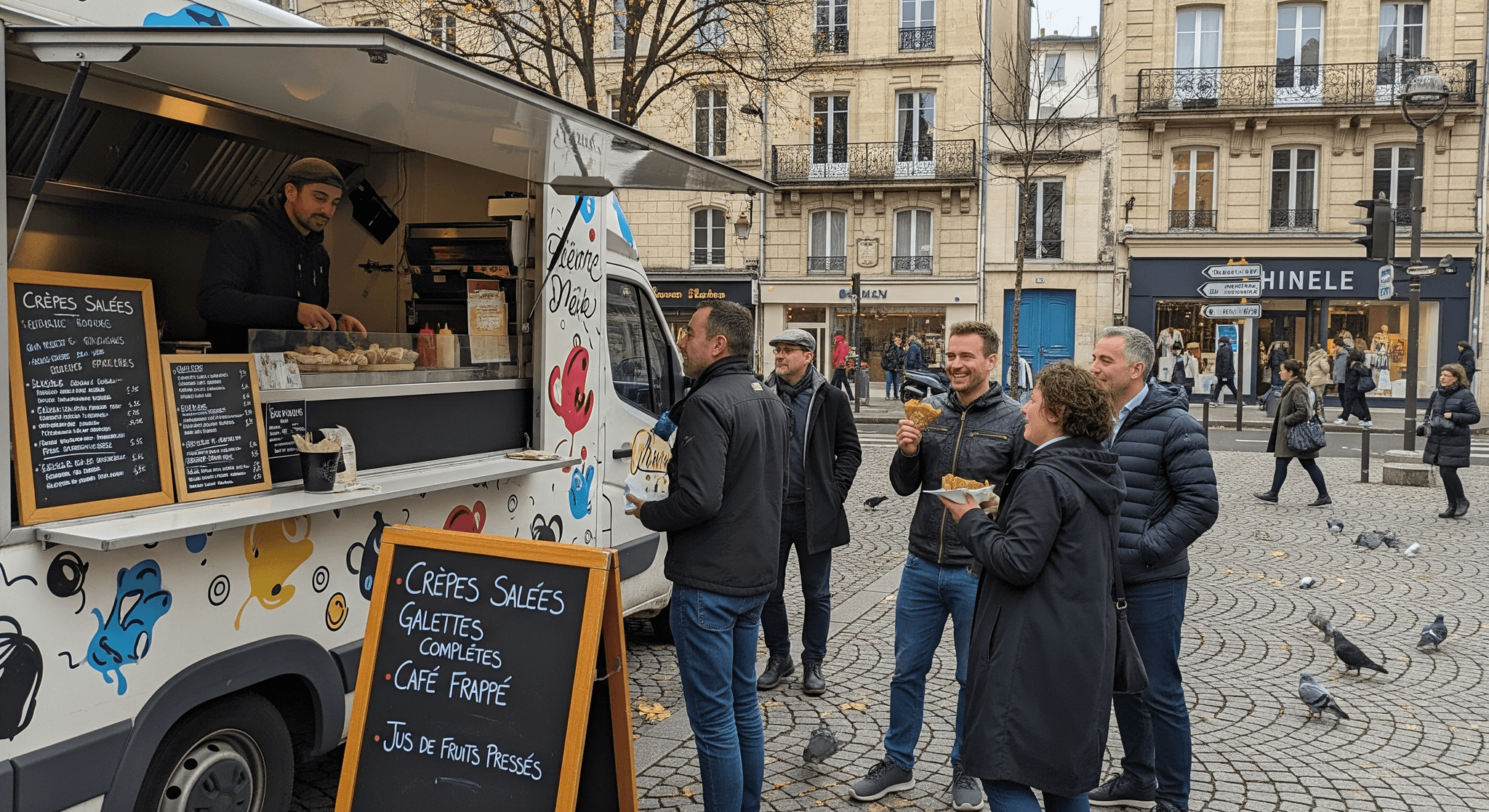 Food truck aménagé servant crêpes et galettes, design coloré "Pierre Neve", crêpier et clients dans une rue pavée.