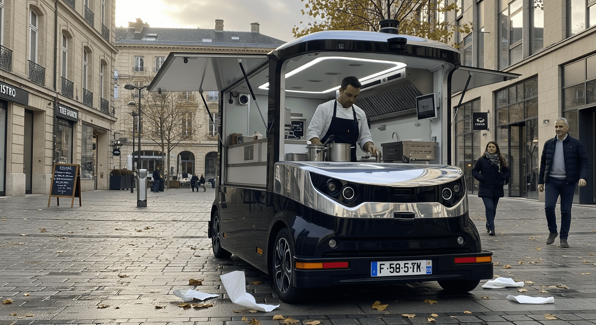 Food truck autonome noir et argenté avec un chef cuisinier préparant des plats en extérieur, dans un cadre urbain moderne.