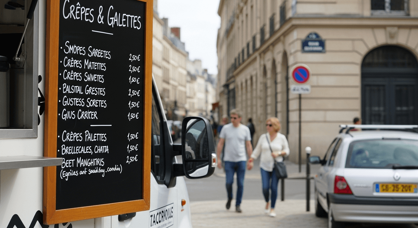 Food truck avec menu crêpes et galettes affiché, stationné dans rue parisienne avec passants