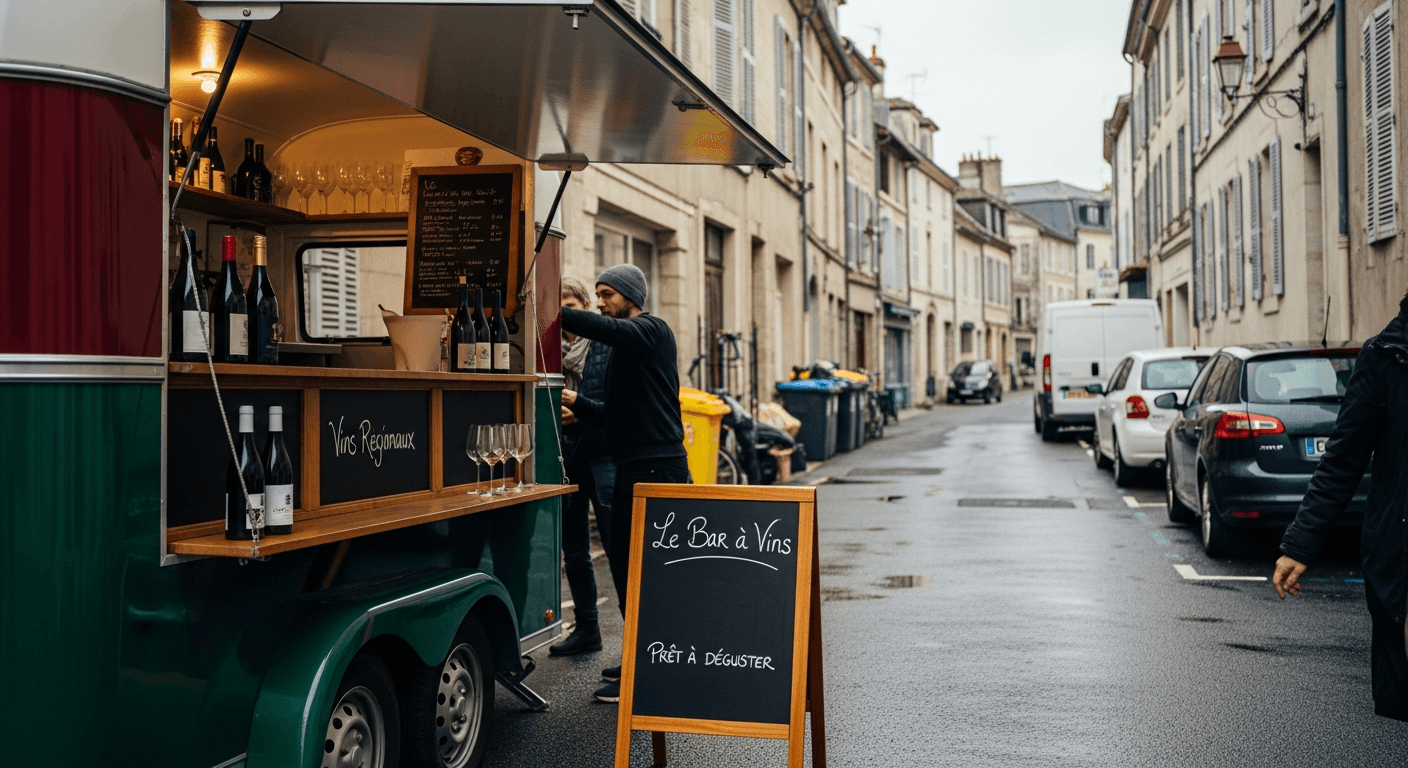 Food truck bar à vins avec aménagement intérieur bois, comptoir et étagères à bouteilles dans rue française