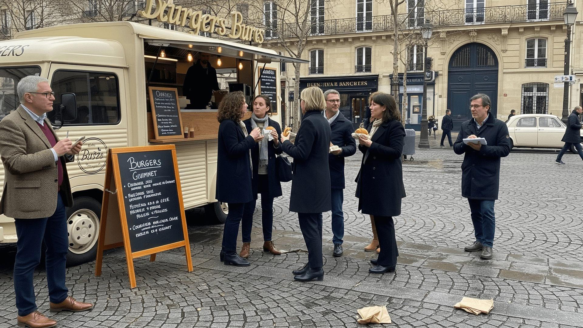 Food truck beige vintage "Burgers Bures" servant des burgers en ville à des clients