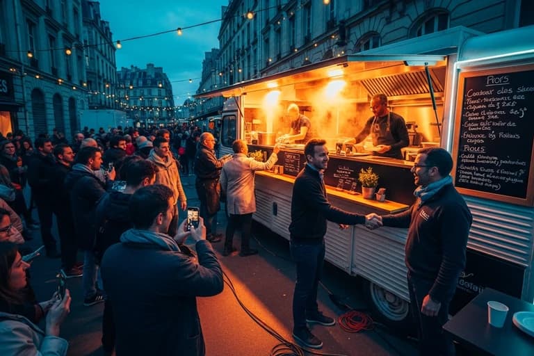Food truck blanc avec aménagement professionnel servant une foule nombreuse lors d'un événement solidaire nocturne