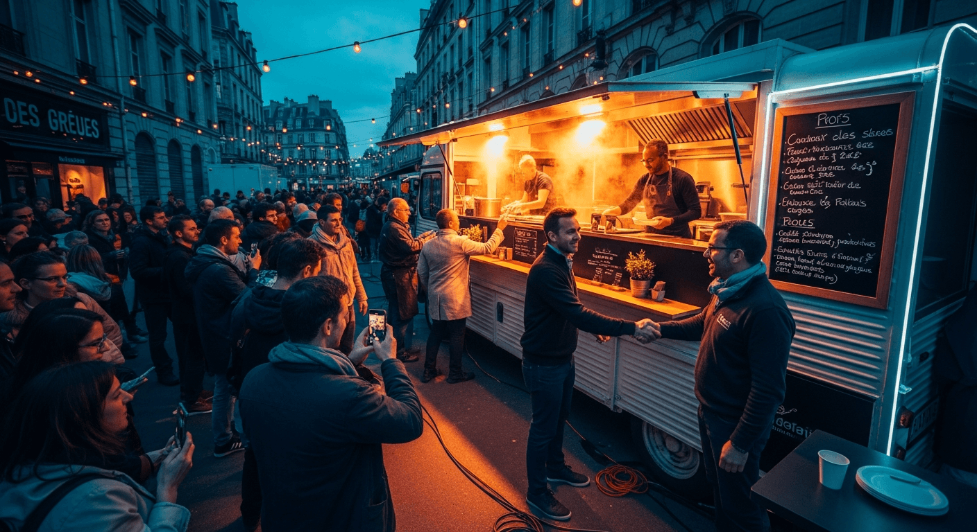Food truck blanc avec aménagement professionnel servant une foule nombreuse lors d'un événement solidaire nocturne
