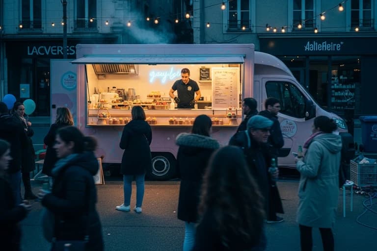 Food truck blanc avec large ouverture latérale servant des clients lors d'un événement nocturne en centre-ville
