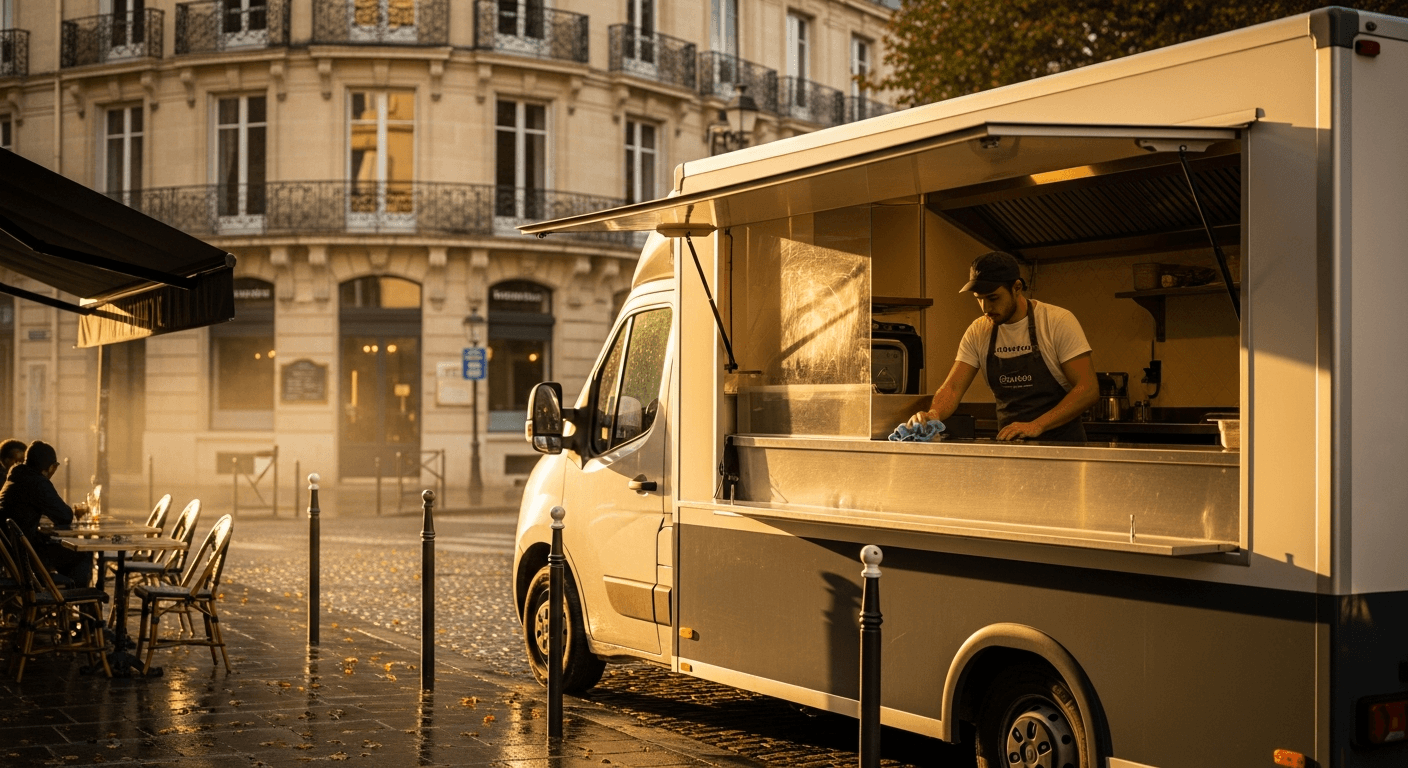 Food truck blanc avec service ouvert en centre-ville, chef en action dans cuisine équipée professionnelle