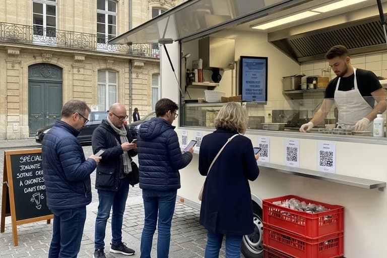 Food truck blanc avec vitrine ouverte, chef en cuisine et clients consultant des QR codes sur le comptoir